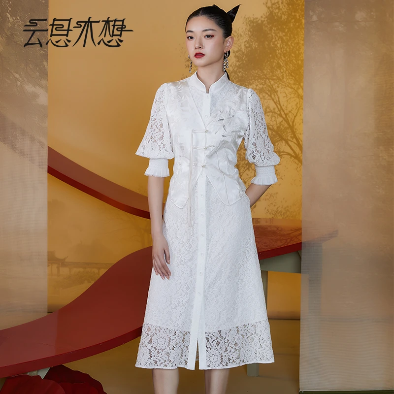 Ysimo-X云思木想新中式2024夏绣花盘扣打揽蕾丝假两件连衣裙11579