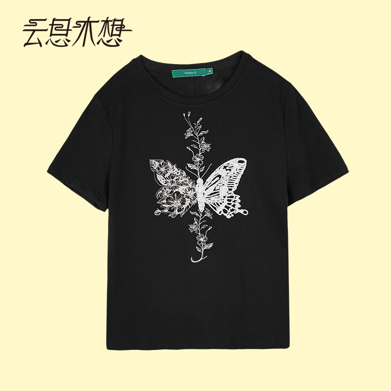 Ysimo-X云思木想新中式2024夏季新款醉花飞蝶绣花百搭T恤11862