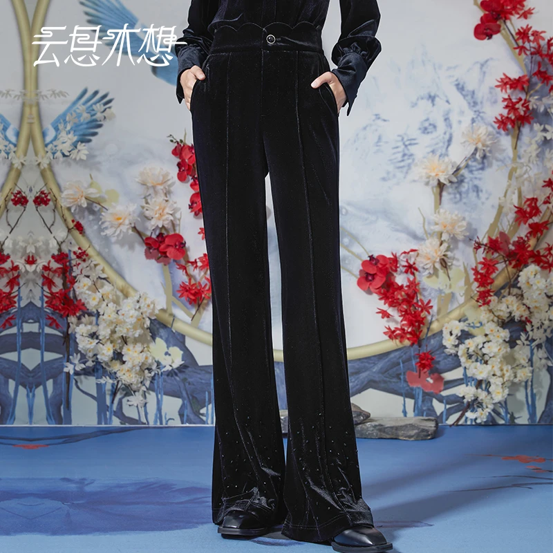 云思木想2023秋冬新款高腰喇叭裤脚钉珠女士黑色复古休闲裤10937