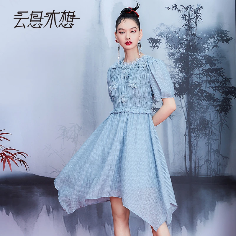 云思木想夏新款手工立体花气质不规则时尚女装连衣裙10544