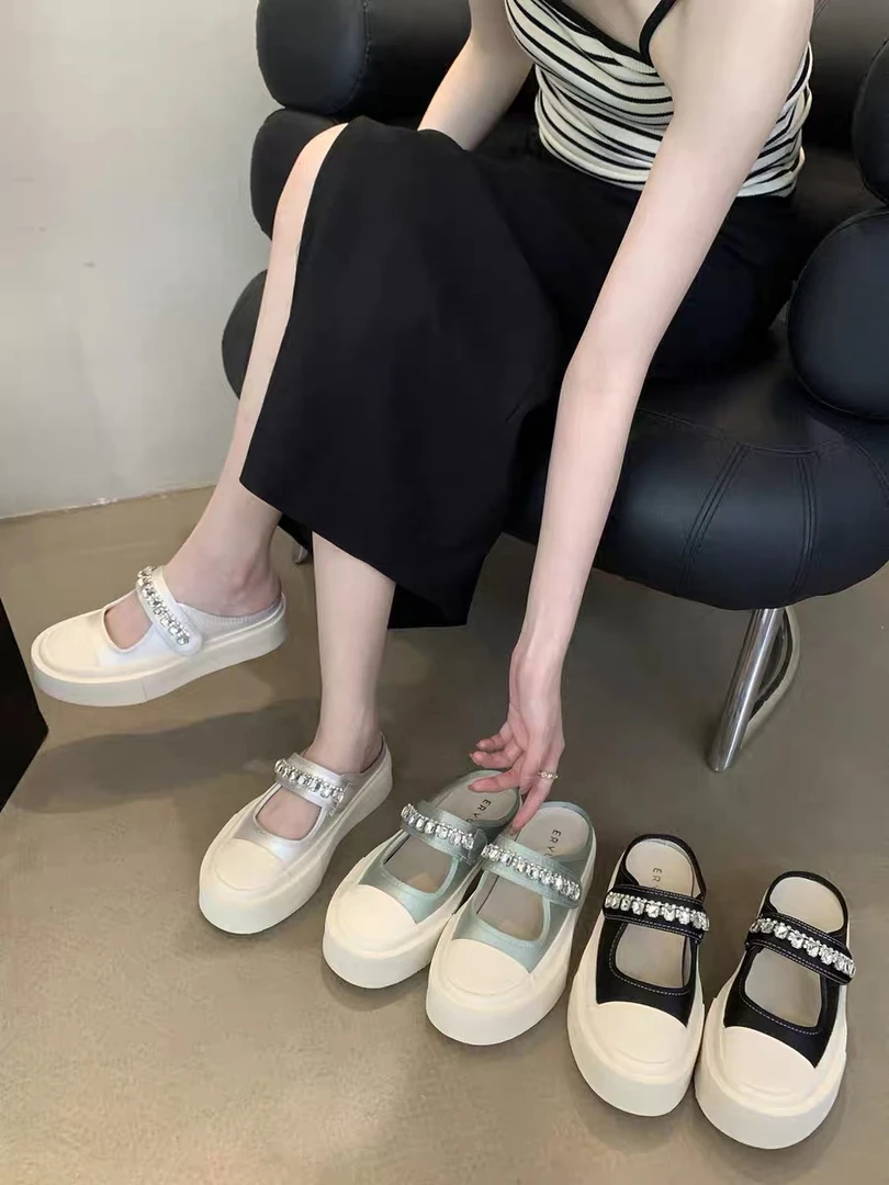 mu包头半拖鞋女百搭懒人一脚蹬厚底水钻玛丽珍凉拖软底外穿外穿