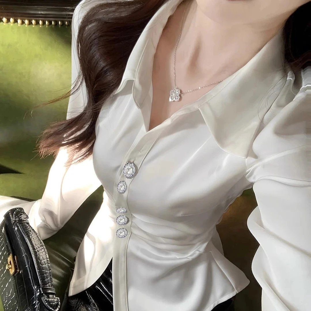 6601#法式气质纯欲风长袖收腰衬衫女春秋冬季修身显瘦掐腰上衣