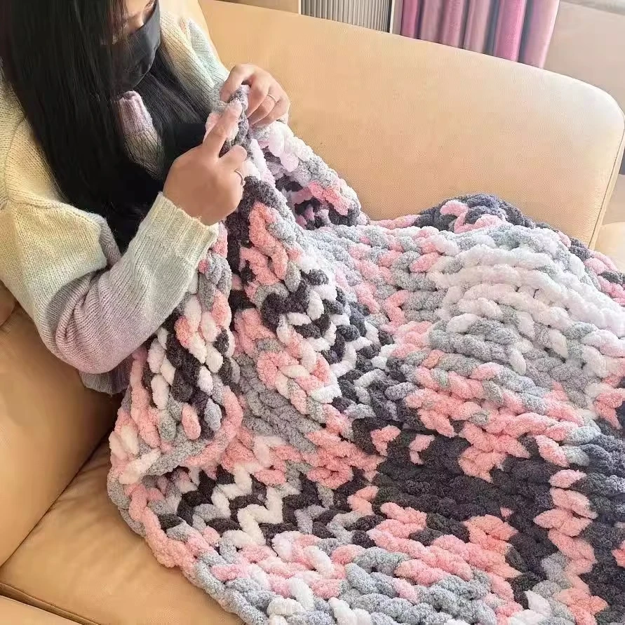 猫尾巴超粗手指围巾diy毛毯编织彩虹色坐垫粗毛线盖毯材料送女友