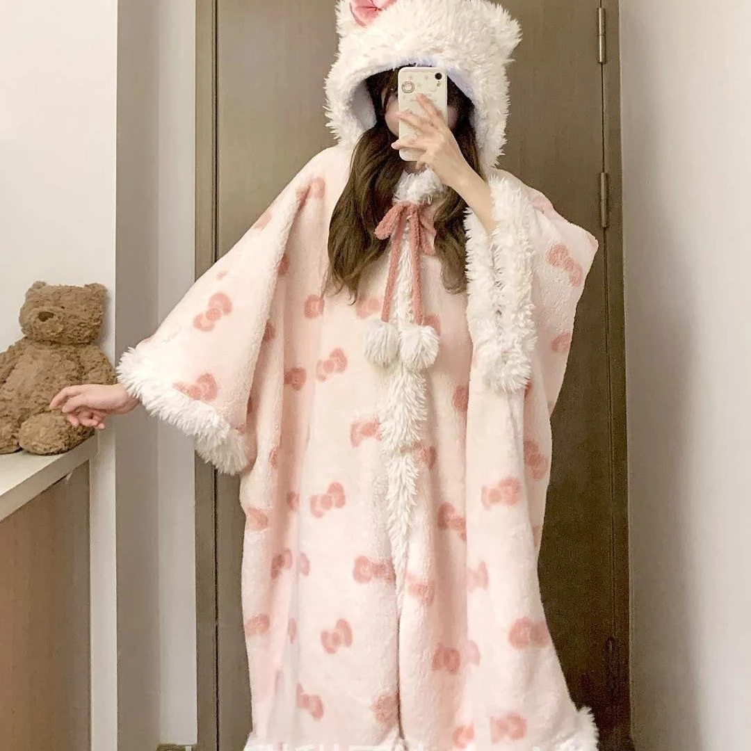 KT猫舒棉绒披风睡衣女冬加绒加厚可爱学生睡袍托斯卡纳长毛绒睡衣