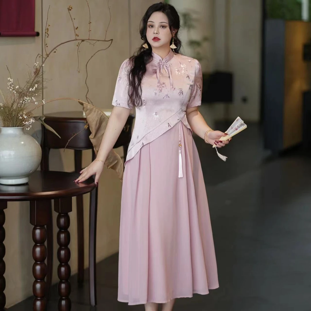 【竹烟波月】大码连衣裙2024女夏季新款胖mm遮肉新中式国风拼接裙子