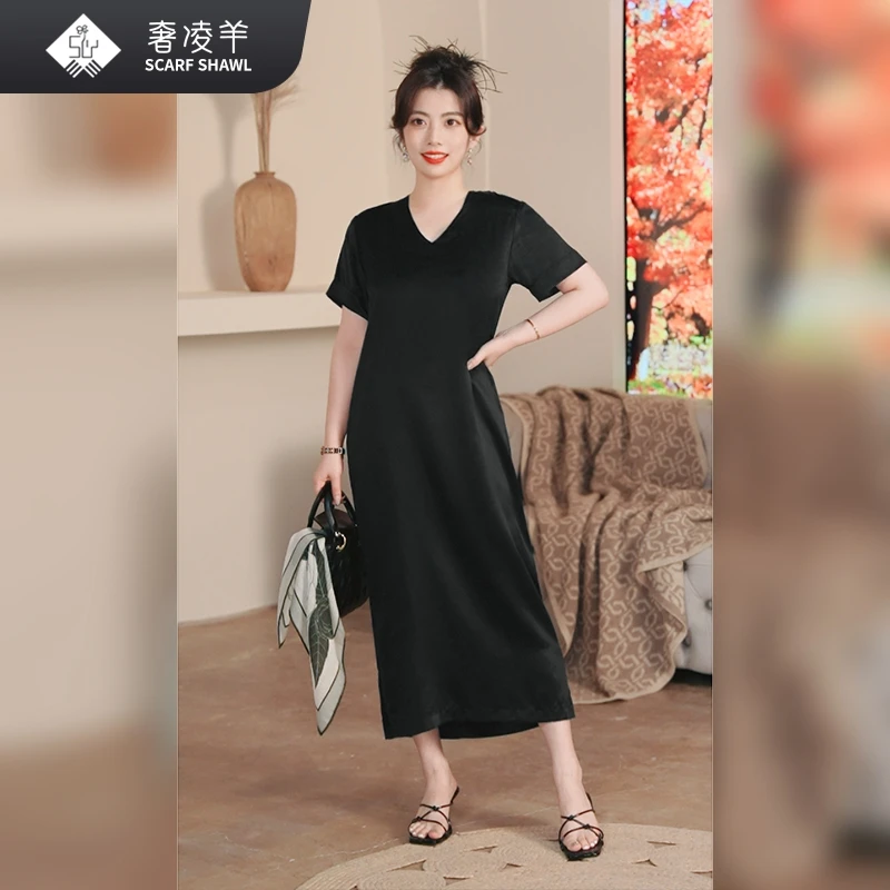 奢凌羊【黑天鹅】6A级30姆米重磅双面缎真丝桑蚕丝黑色显瘦连衣裙