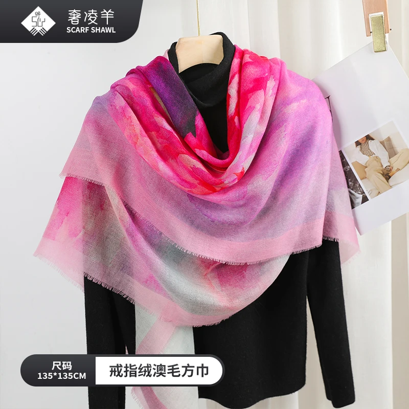 奢凌羊【馥园牡丹】135*135戒指绒春季女士时尚气质羊毛围巾披肩