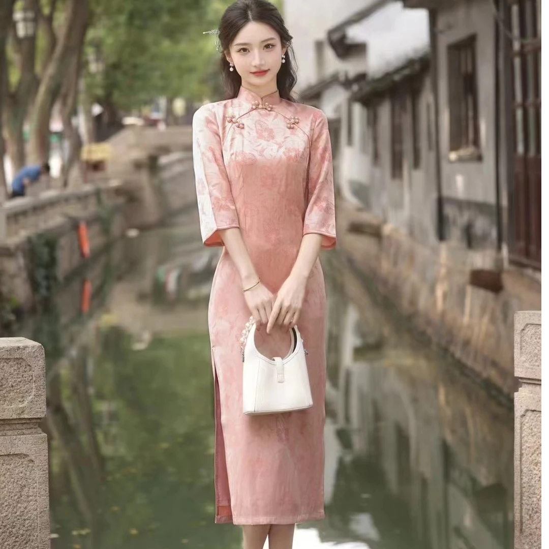 2024秋季新款粉色长款双侧开叉后拉链时尚旗袍裙