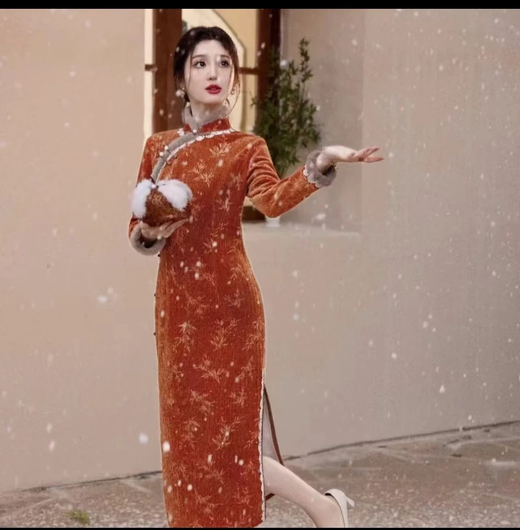 【彩】新款气质秋冬加绒加厚雪尼尔复古民国修身显瘦旗袍日常可穿