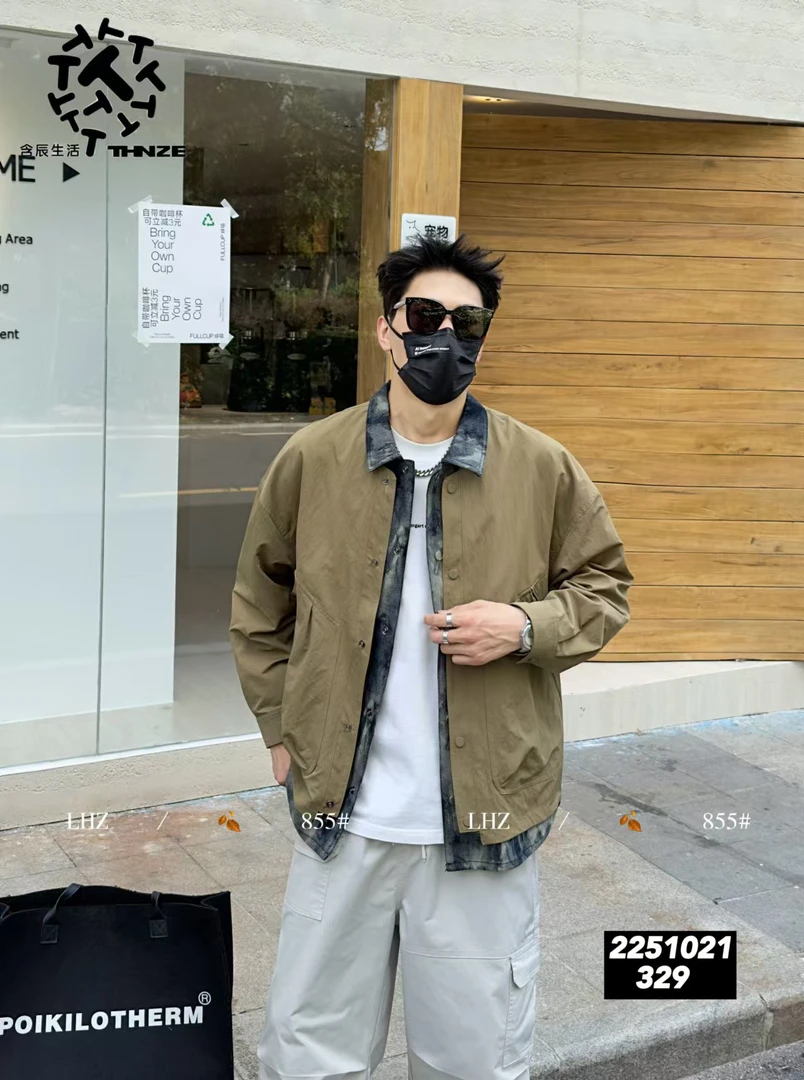 含辰生活新款拼接翻领美式工装宽松夹克外套