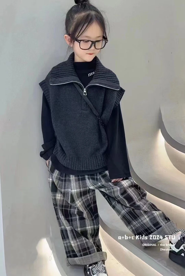 拉链马甲三件套，女孩套装