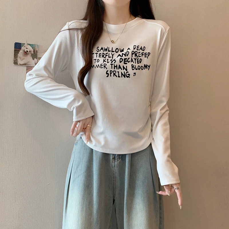 L-4XL 新款百搭T恤上衣内搭打底外穿加厚保暖字母鲜花上衣33296