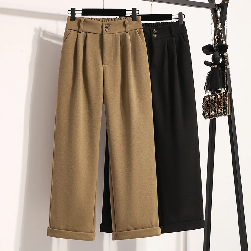 S-5XL毛呢卷边阔腿裤女大码收腹加厚显高高腰直筒九分裤  9590