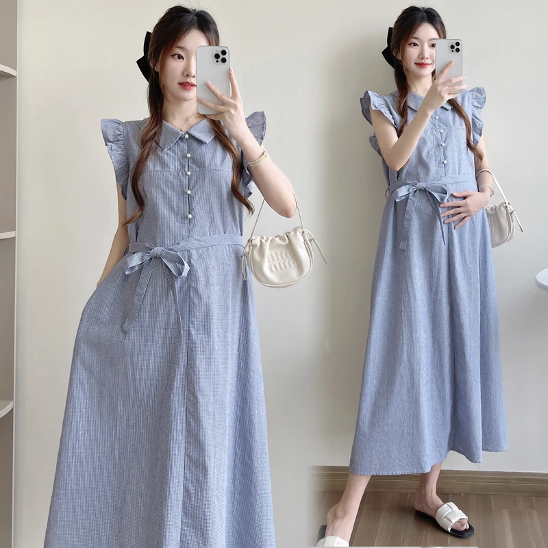 孕妇装夏季2024新款气质格子孕妇连衣裙夏装宽松百搭孕妇长裙子女