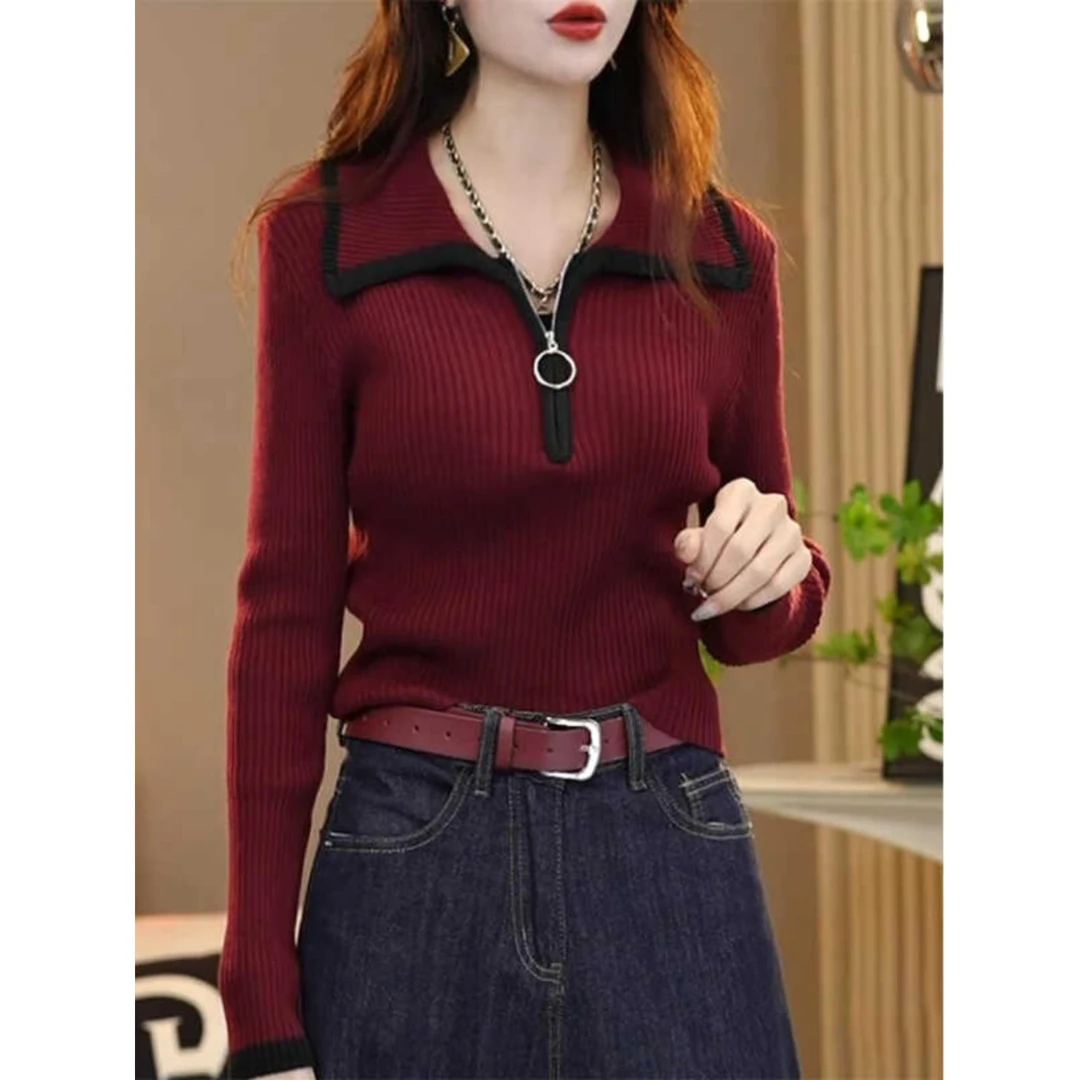 笑歌【拉链翻领毛衣针织套头上衣】秋季新款洋气百搭针织衫