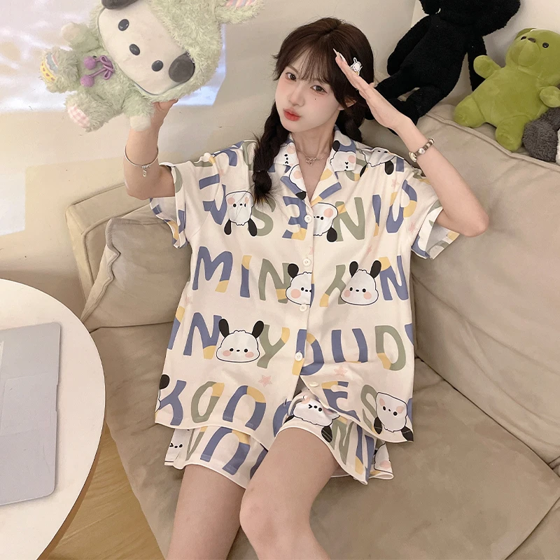 带胸垫睡衣女夏季棉质短袖薄款卡通可爱帕恰狗少女夏天家居服套装
