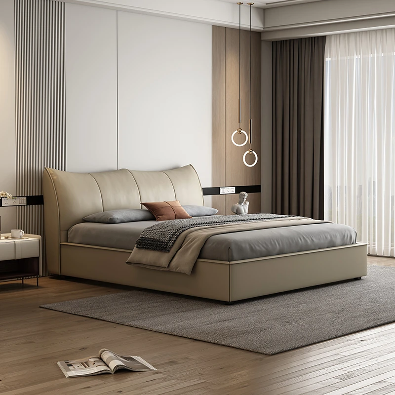 【云冕软床】家用主卧室北欧简约轻奢双人真皮软靠包窄边双人床