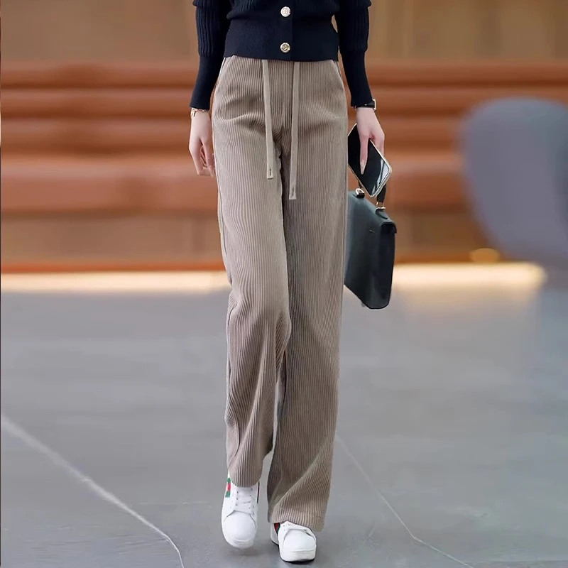 雪尼尔窄版阔腿裤女2024新款秋冬高腰加绒女士休闲灯芯绒直筒裤