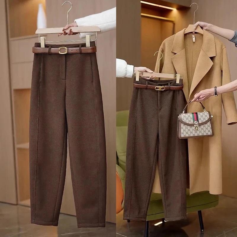 高腰老爹裤小个子加绒萝卜裤女2024新秋冬镰刀绵羊毛呢哈伦裤靴裤