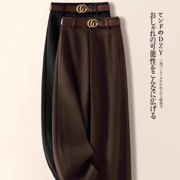 咖色绵羊毛呢直筒裤女秋冬季2024新款宽松显瘦时尚加绒牡丹裤阔腿