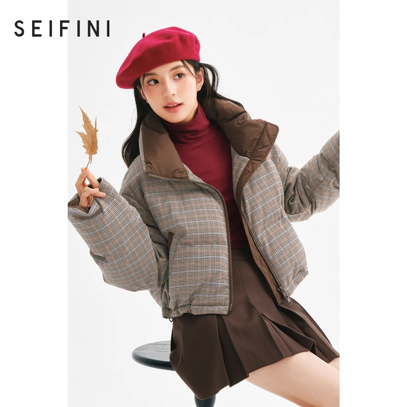 【90鸭绒】诗凡黎复古格纹羽绒服2024冬新款撞色洋气保暖短款外套