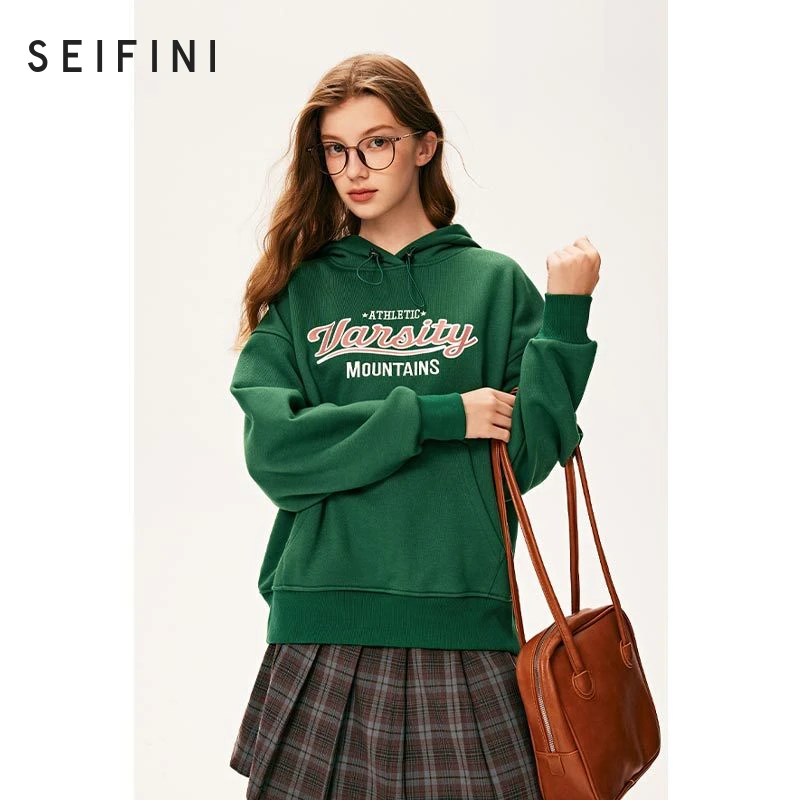 诗凡黎美式复古连帽卫衣2023秋冬新款运动学院风宽松无性别上衣女