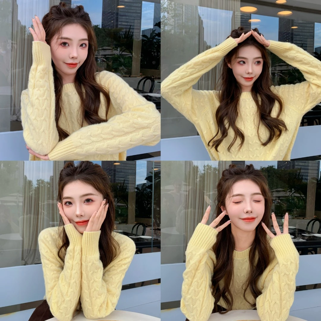 诗凡黎绞花针织衫圆领套头毛衣2024秋冬新款女插肩袖时髦减龄