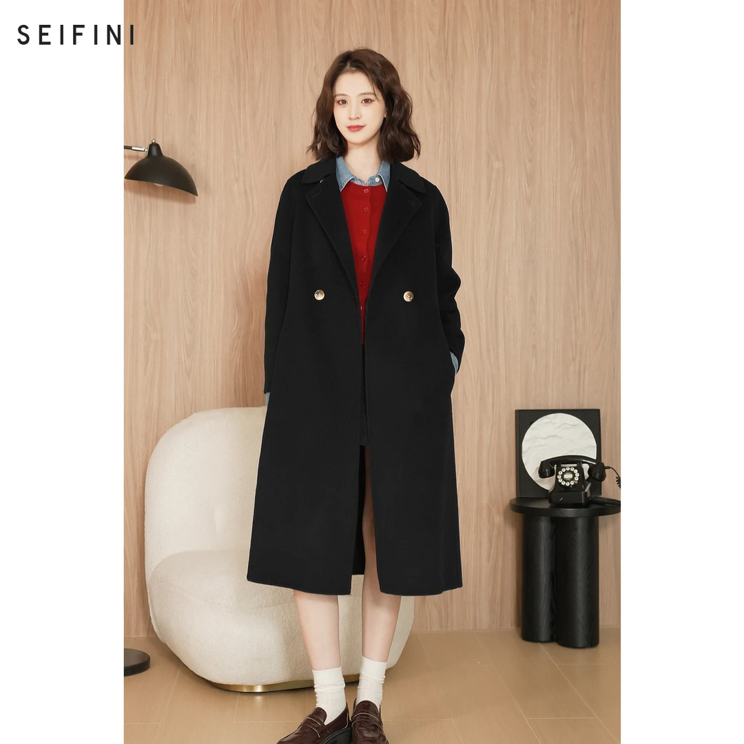 【黑天鹅】诗凡黎绵羊毛翻驳领毛呢外套24冬新款长款山羊绒双面呢