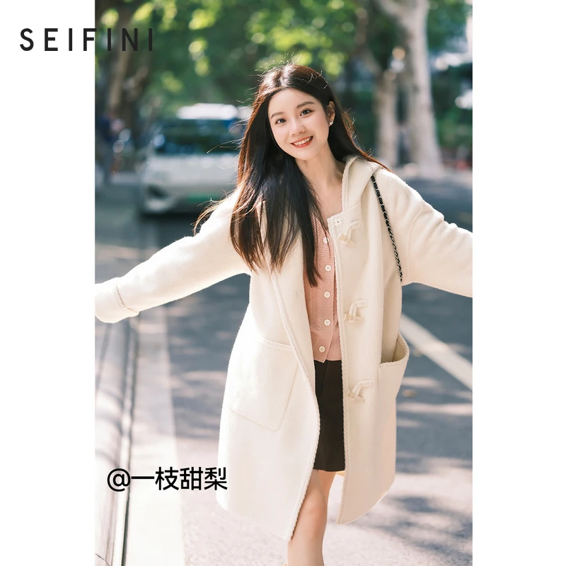 诗凡黎连帽牛角扣毛呢外冬季新款绵羊毛外套高级感大衣SF8370291