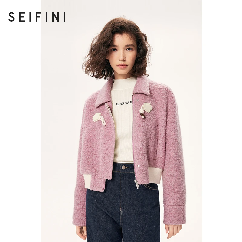 【陈大可】诗凡黎香风短外套冬新圈圈毛牛角扣夹克女