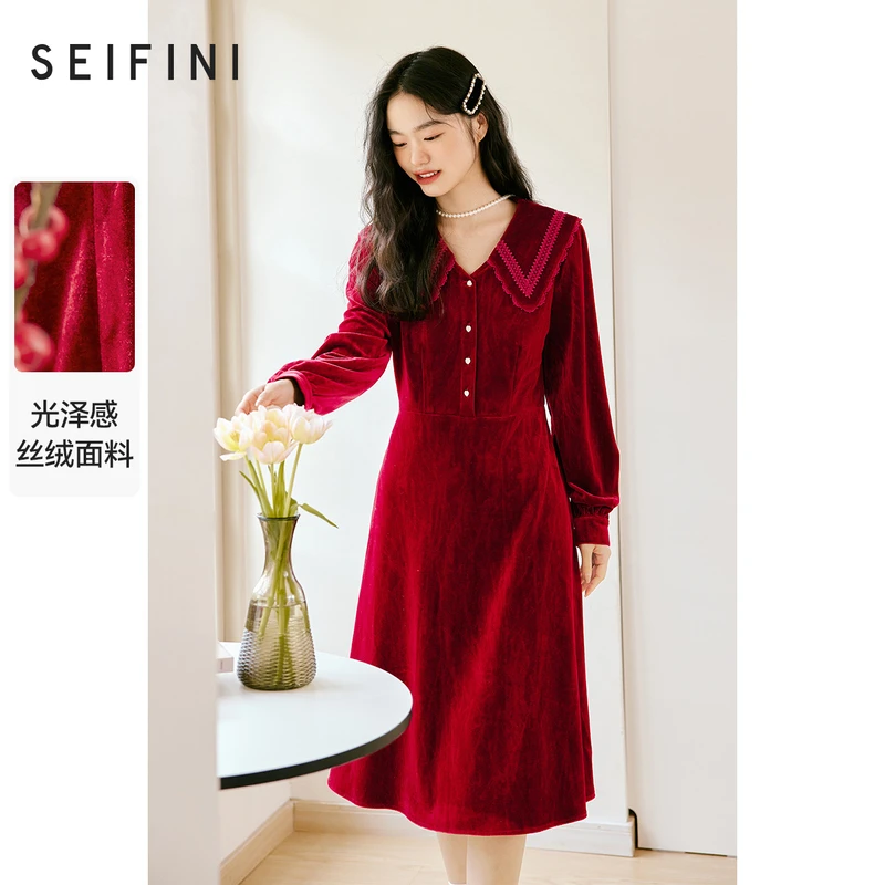 诗凡黎连衣裙女2022冬新款圣诞红色蕾丝拼接泡泡袖名媛丝绒坠感裙