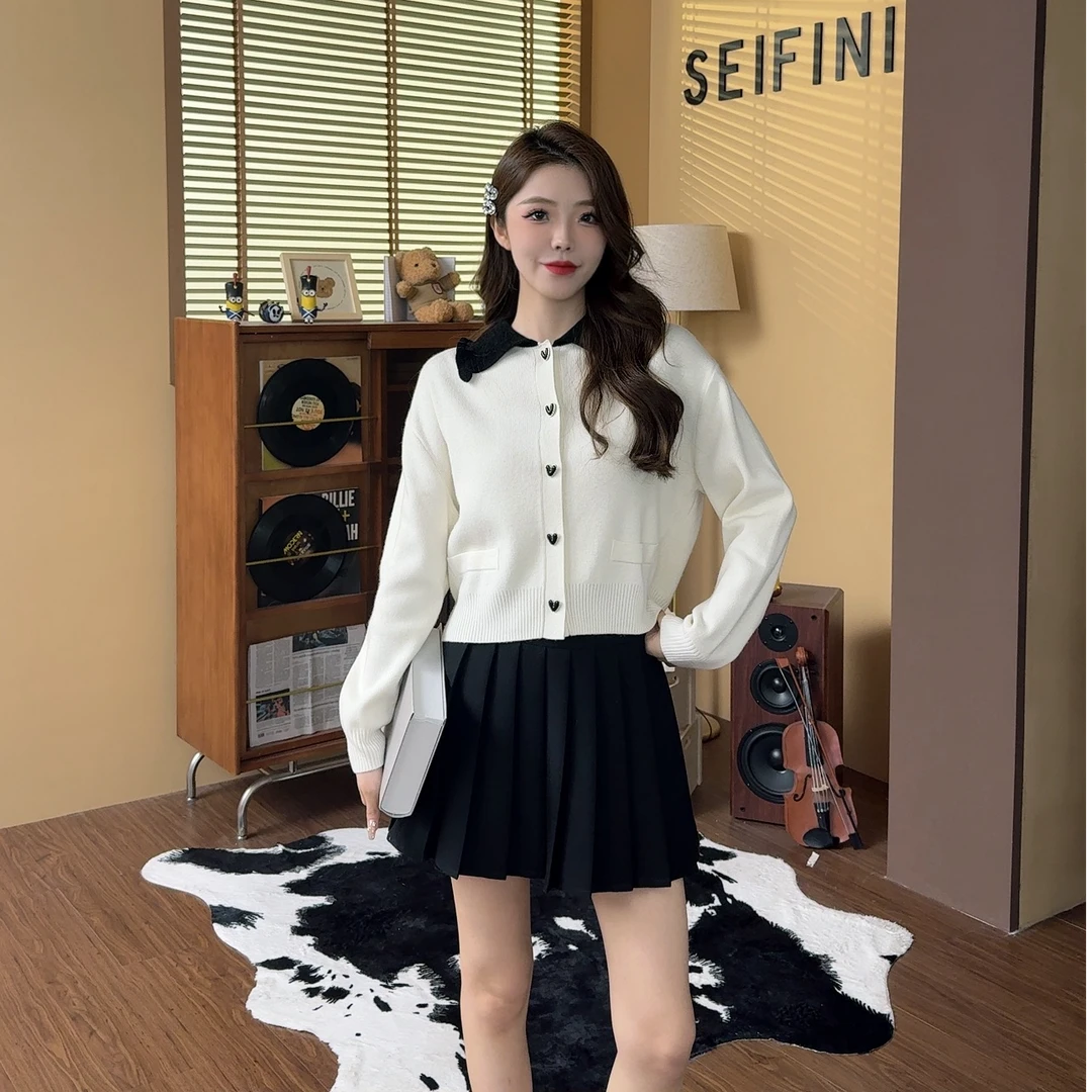 【衣衣专属】诗凡黎撞色娃娃领针织开衫2024秋新款上衣3EC230131