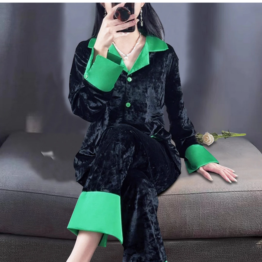 睡衣女秋冬款撞色拼接时尚气质金丝绒家居服可外穿网红爆款金钻绒