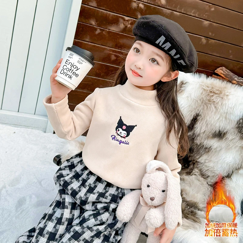 女童绣花加绒加厚打底衫洋气儿童秋冬装新款女宝宝一体绒T恤小童