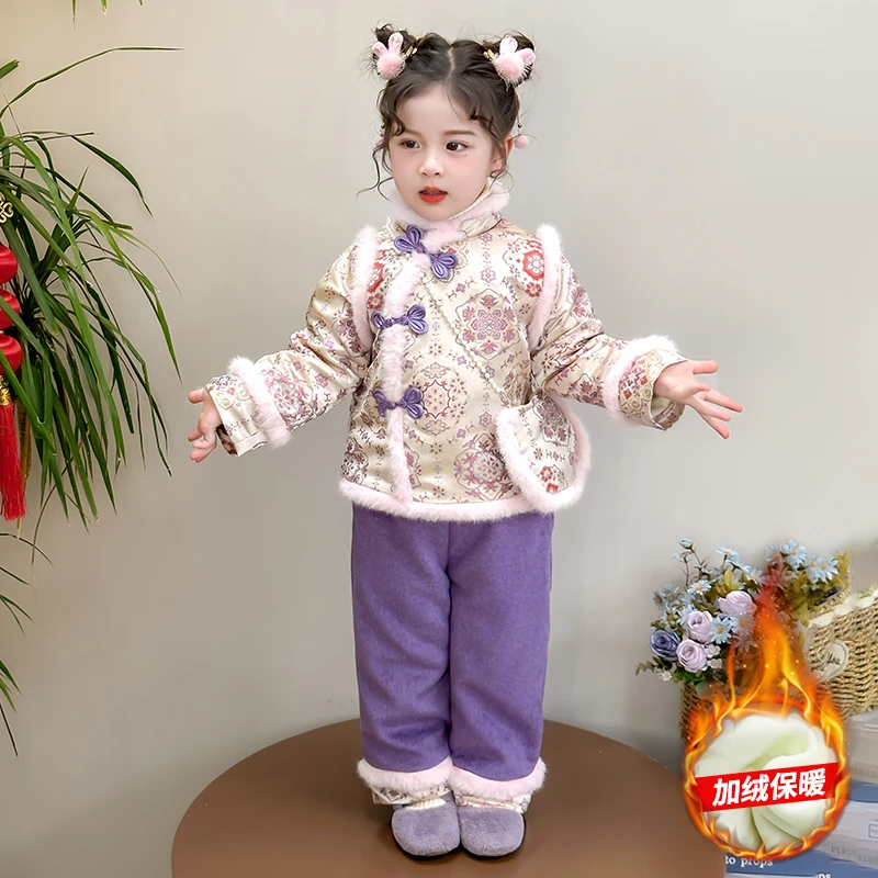 女童加绒套装拜年服洋气冬装新款女宝宝国风加厚两件套小女孩喜庆