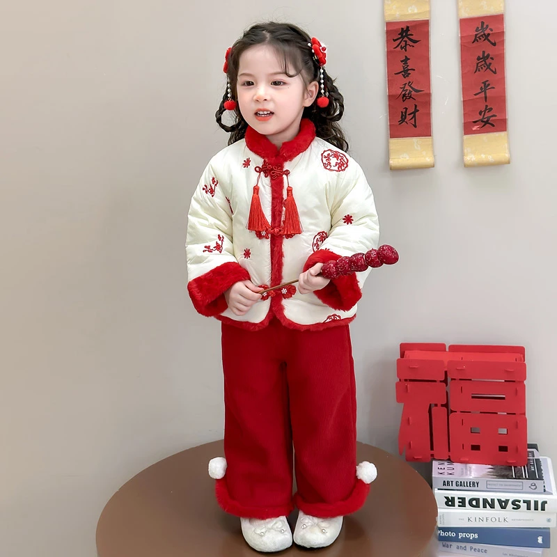 女童加绒套装新年服新中式冬装新款女宝宝国风两件套女孩喜庆唐装