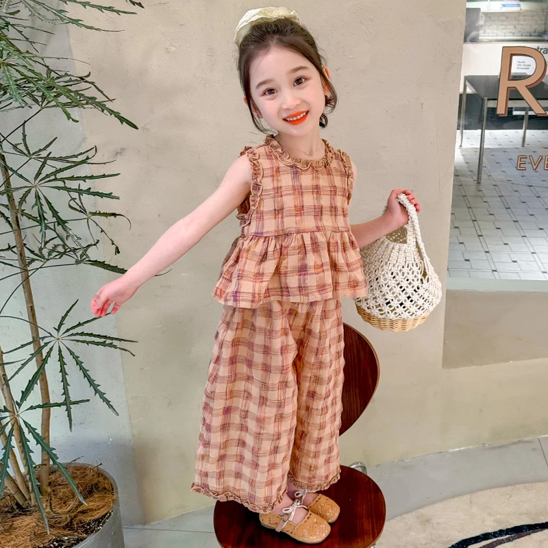 女童无袖套装洋气格子夏装新款女宝宝两件套背心女孩时髦阔腿裤子
