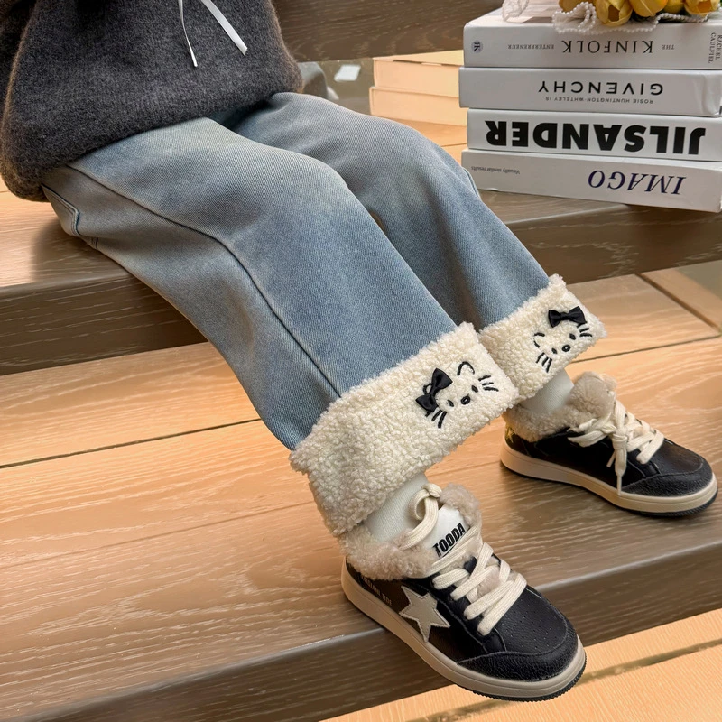 女童加绒牛仔裤洋气儿童秋冬装新款女宝宝一体绒加厚休闲裤子小童