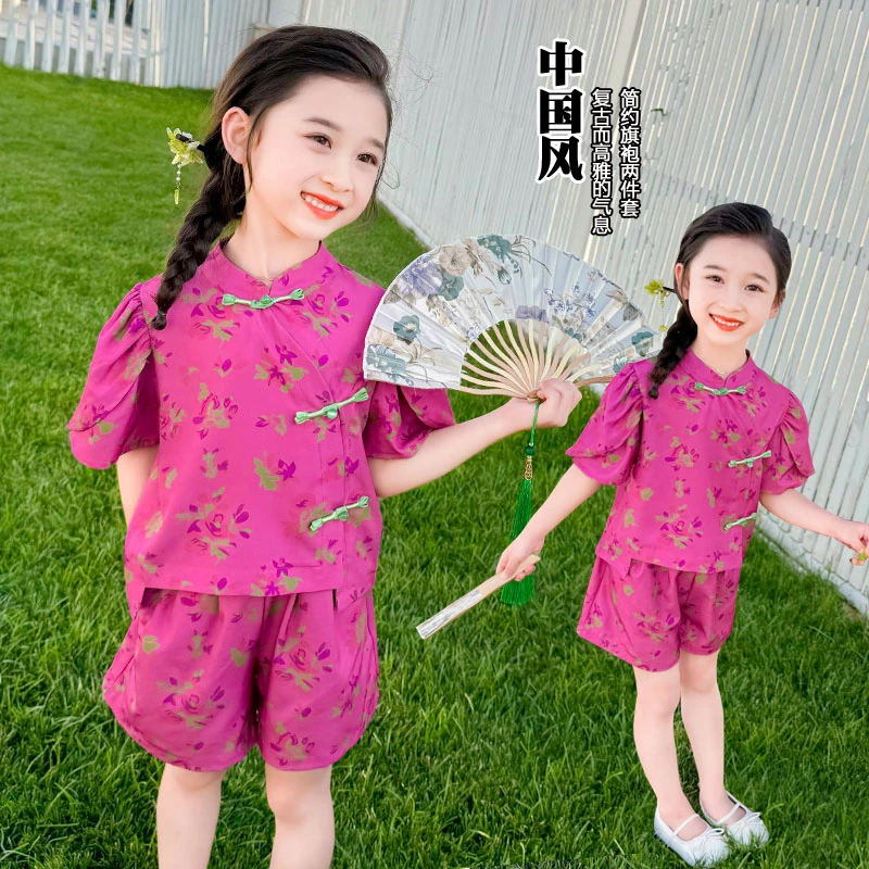 女童新中式短袖套装洋气夏季新款女宝宝两件套短裤小女孩时髦爆款