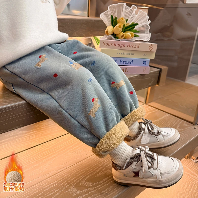 女童加绒牛仔裤洋气冬装新款女宝宝加厚一体绒老爹裤子小女孩时髦