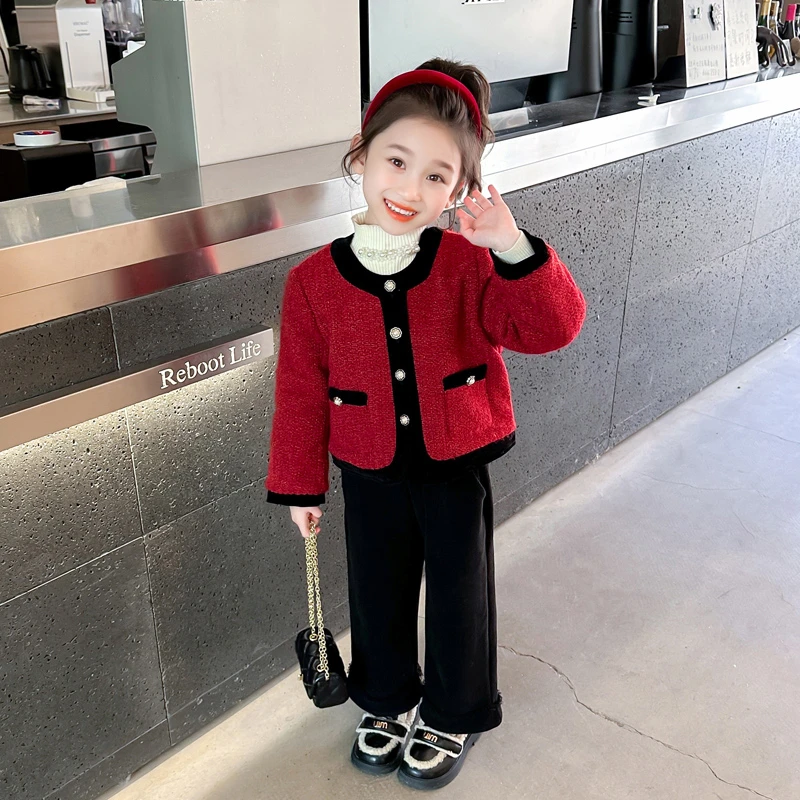 女童小香风加绒套装洋气儿童夹棉外套秋冬款女宝宝时髦两件套女孩