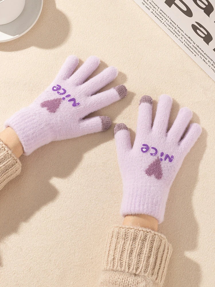 触屏手套针织毛线女冬季保暖防寒防冻手甜美可爱爱心学生韩版日系