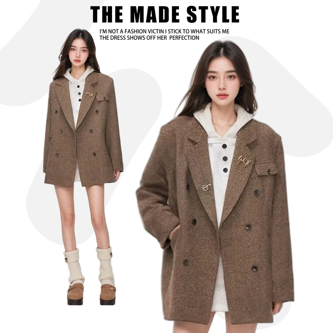 THE MADE秋冬学院风复古毛呢西装外套女2024新款高级感西装外套女