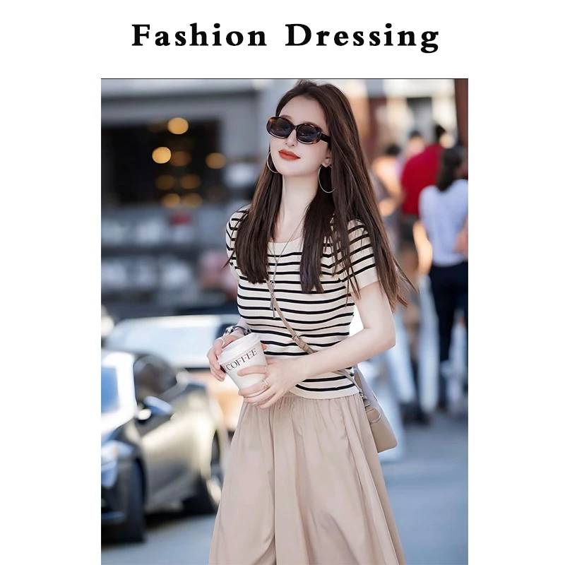 气质黑白条纹正肩短袖t恤+八分裤修身显瘦套装 xx