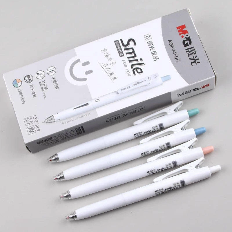 晨光优品smile秒干针尖锥st按动中性笔0.5笔微笑简约白杆