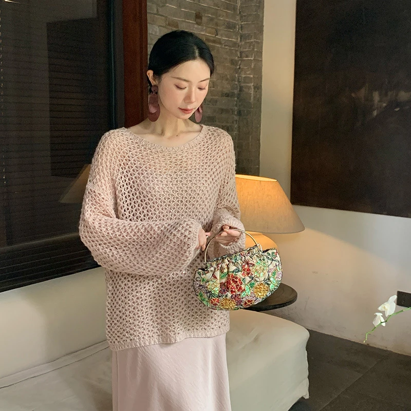 秀熙熙2024年秋季宽松长袖镂空针织衫女上衣oversize毛衣百搭女装