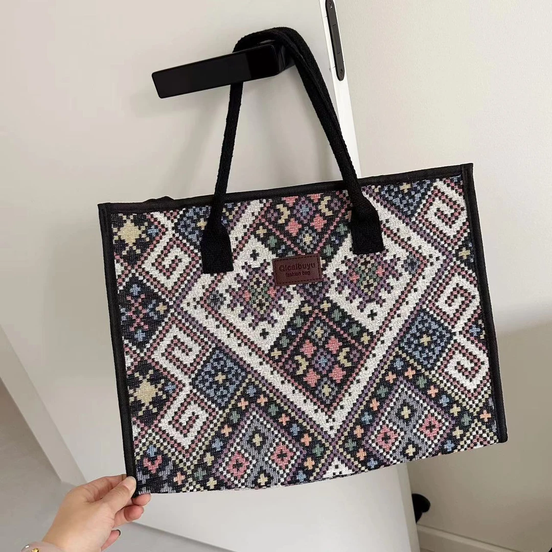 秋冬新款拉链手提包大容量托特包民族风通勤包时尚女包百搭旅行包