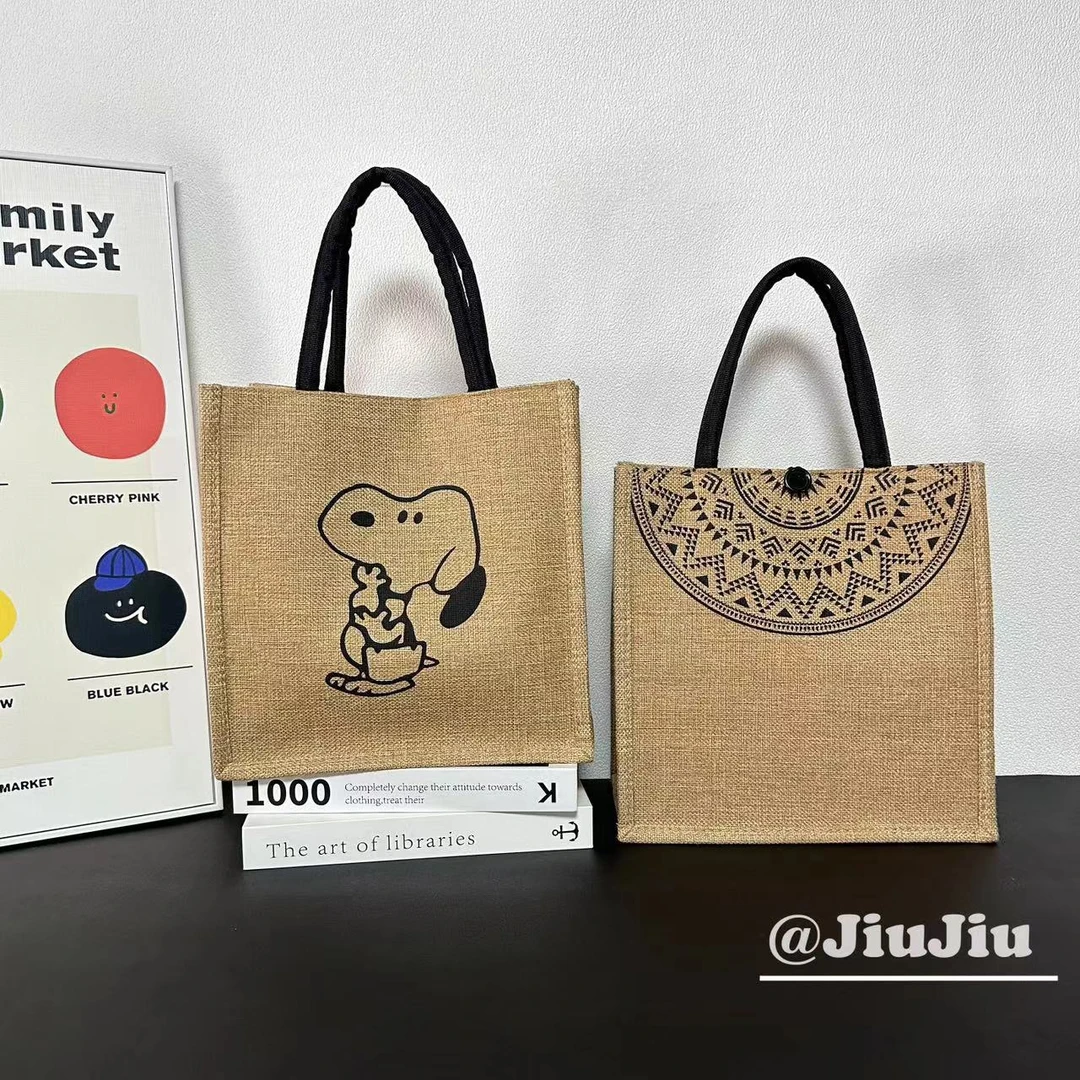 【中号】新款时尚亚麻包网红百搭手提包便携妈咪包大容量卡通便当袋