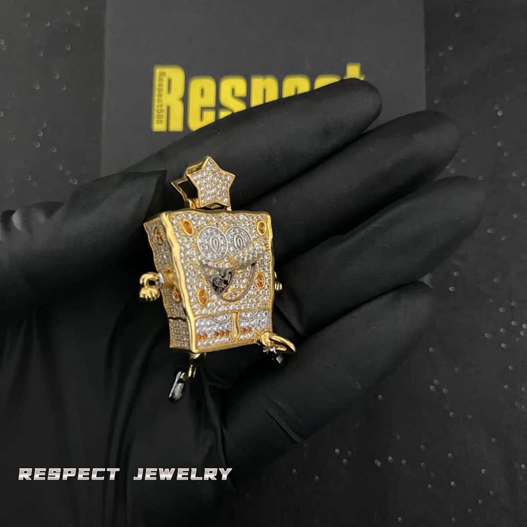 铜合金合成锆石吊坠 RESPECT 满钻海绵宝宝吊坠镶钻精致百搭