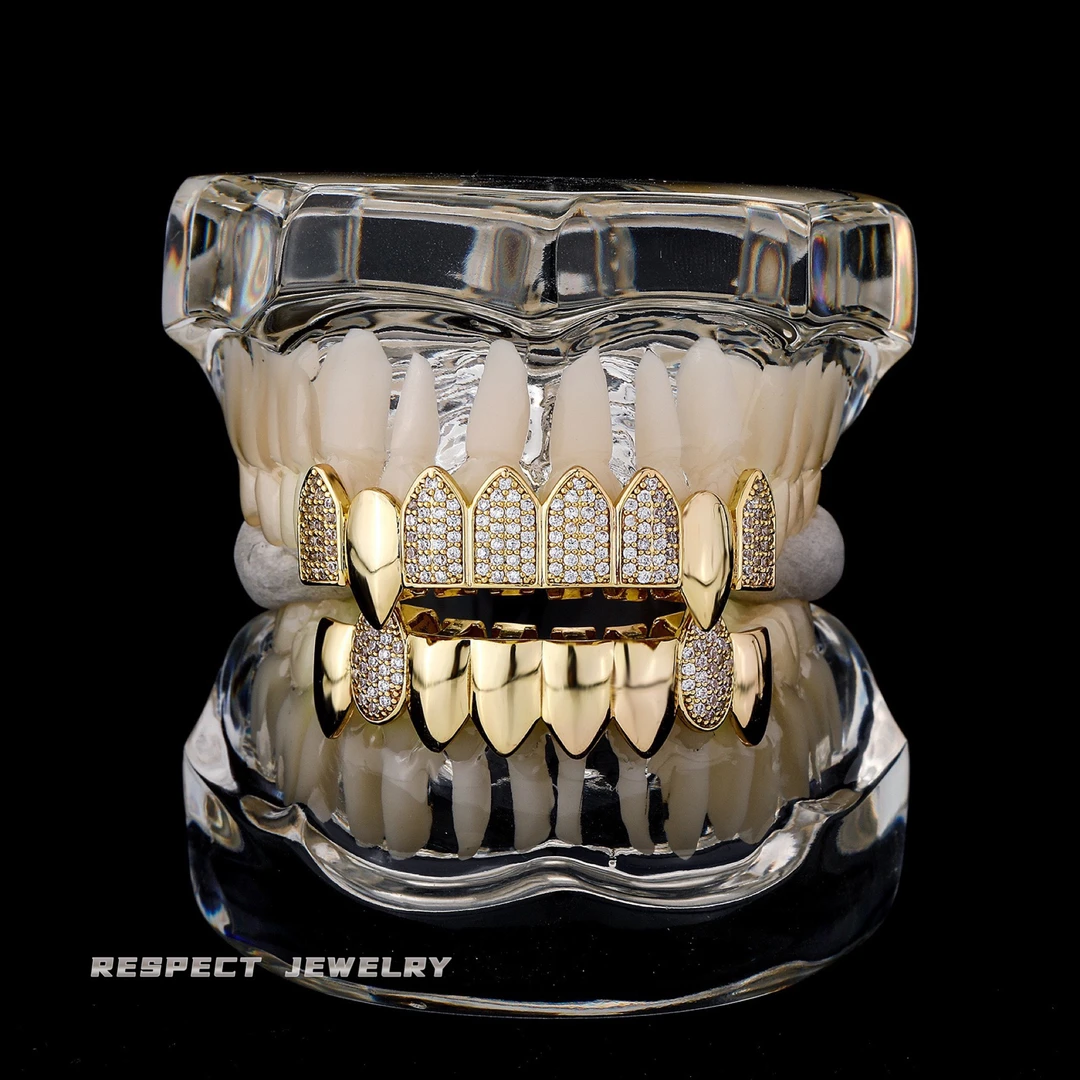 铜合金合成锆石吊坠 RESPECT 通用款钻牙套欧美嘻哈吸血鬼grillz